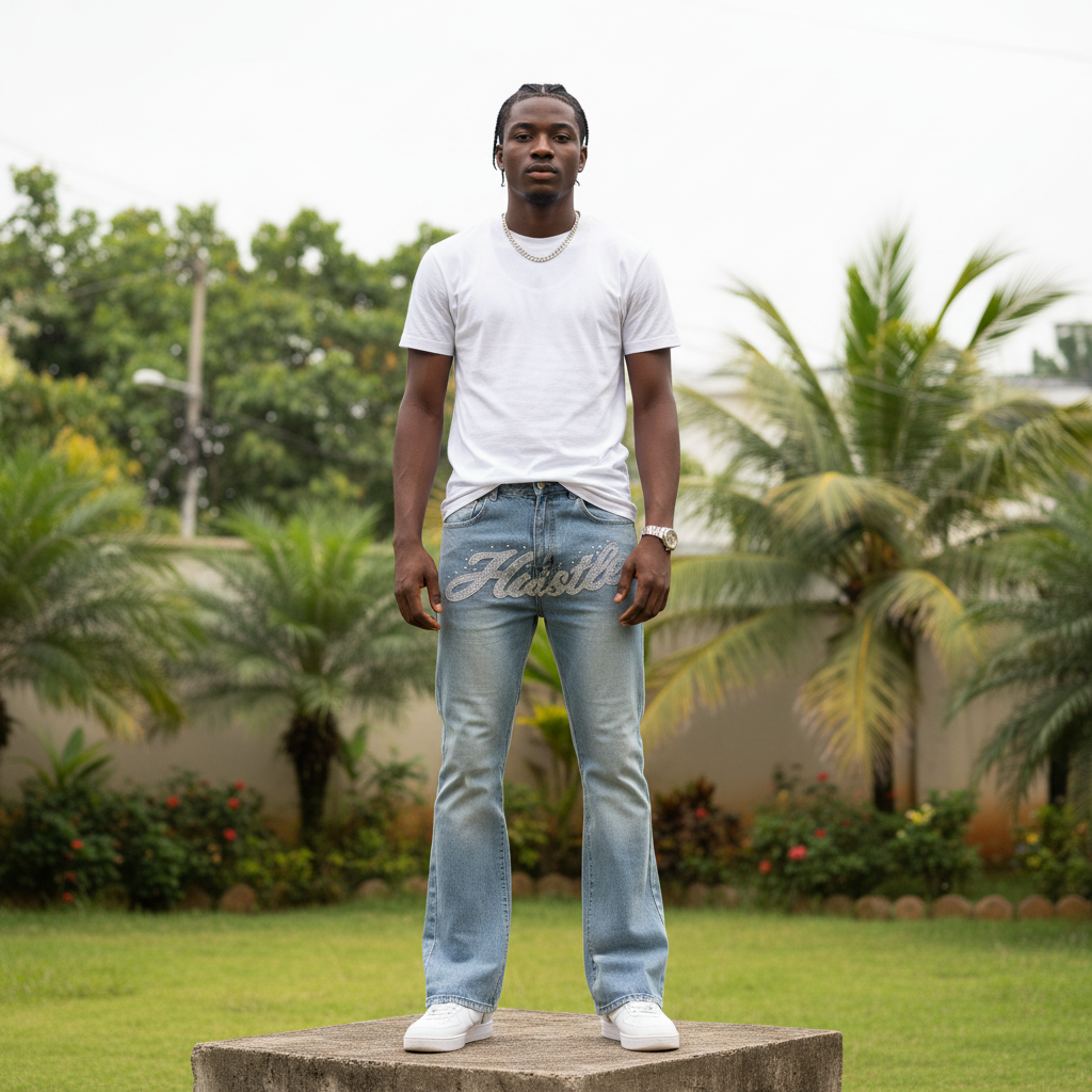Nigerian male model full body wearing men's light blue washed rhinestone script flared denim jeans