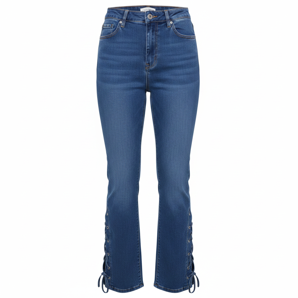 Medium Blue Lace-Up Hem Slim Denim Jeans - Ghost Mannequin Front