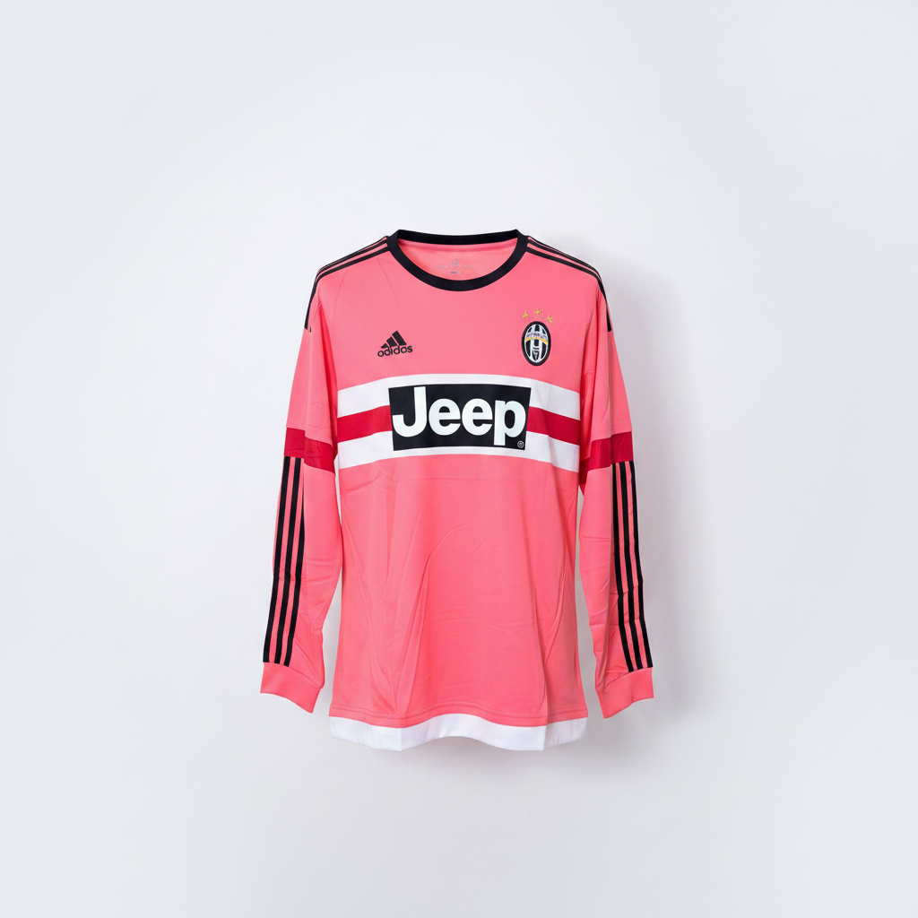 Salmon pink long-sleeve retro football jersey with black sleeve stripes and white-red chest band, ghost mannequin front view