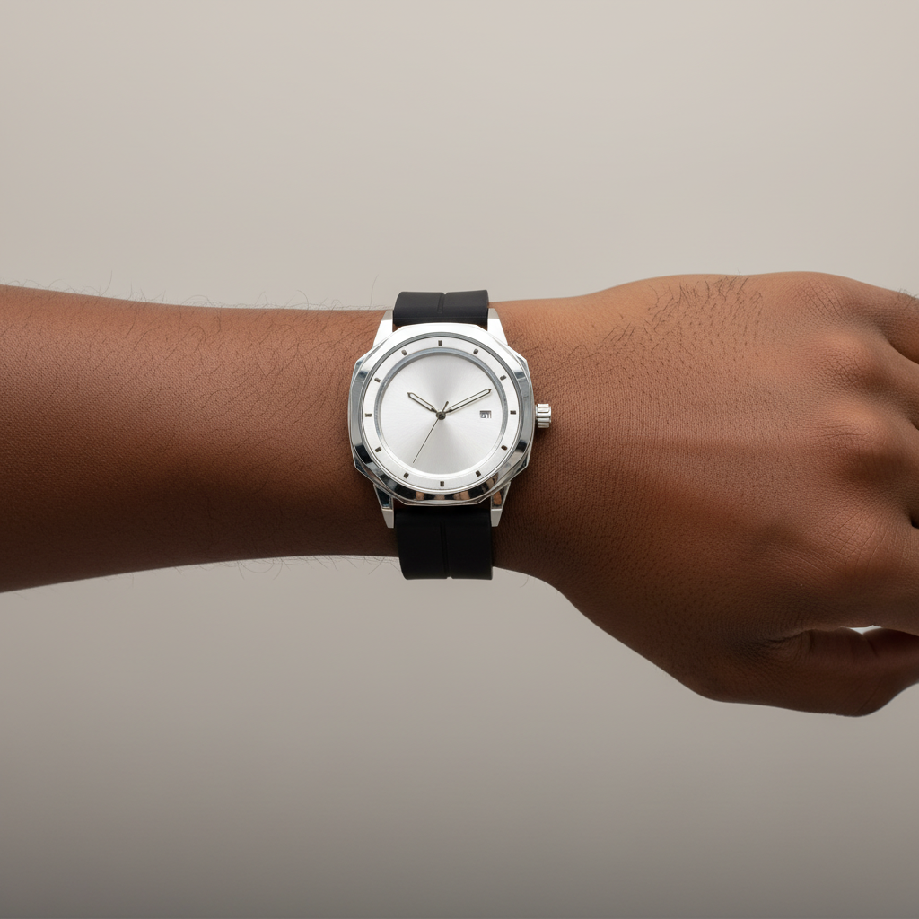 Silver-white dial wristwatch with a black strap worn on a Black man's wrist
