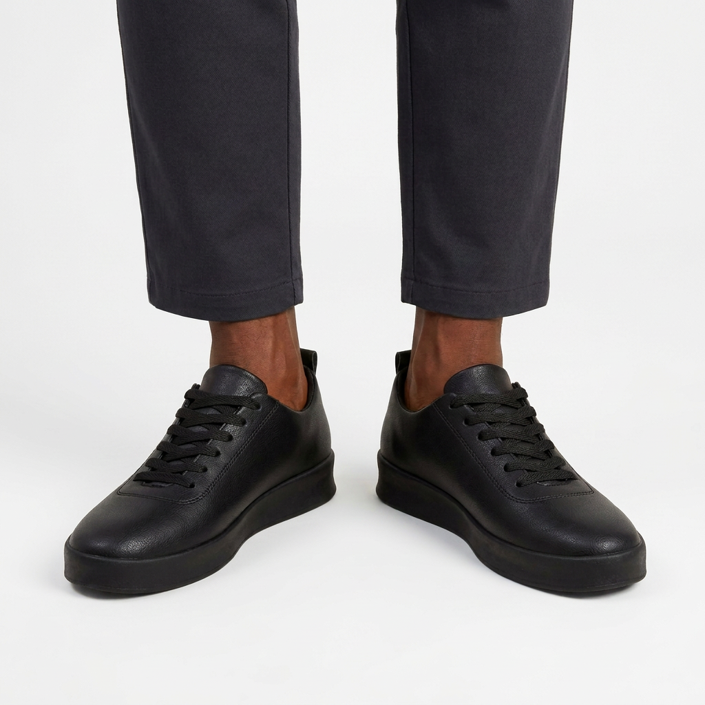 All-black sneakers on both feet of a Black male model against a plain white studio background