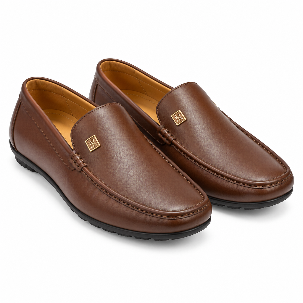 Brown Smooth Leather Loafer with Gold Badge – Ghost Mannequin