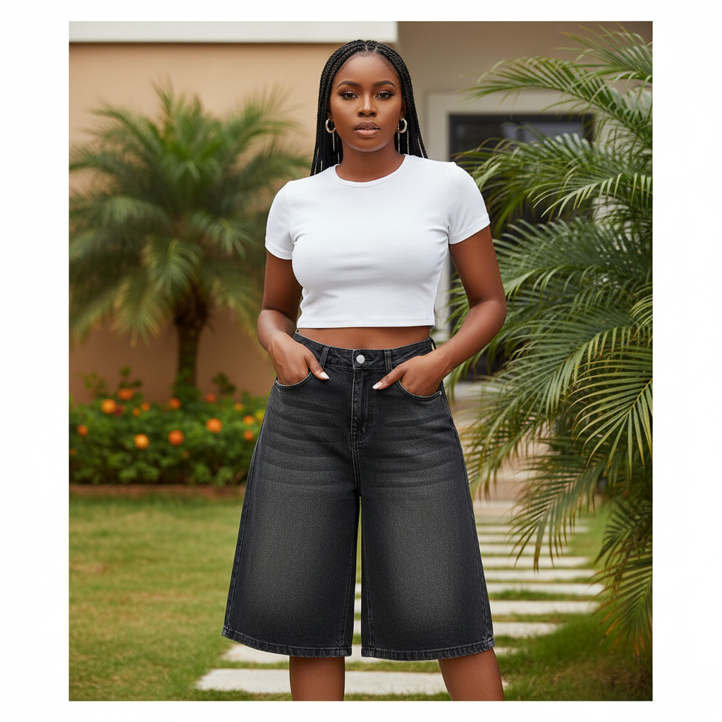 Nigerian female model wearing charcoal grey wide leg denim bermuda shorts in garden setting