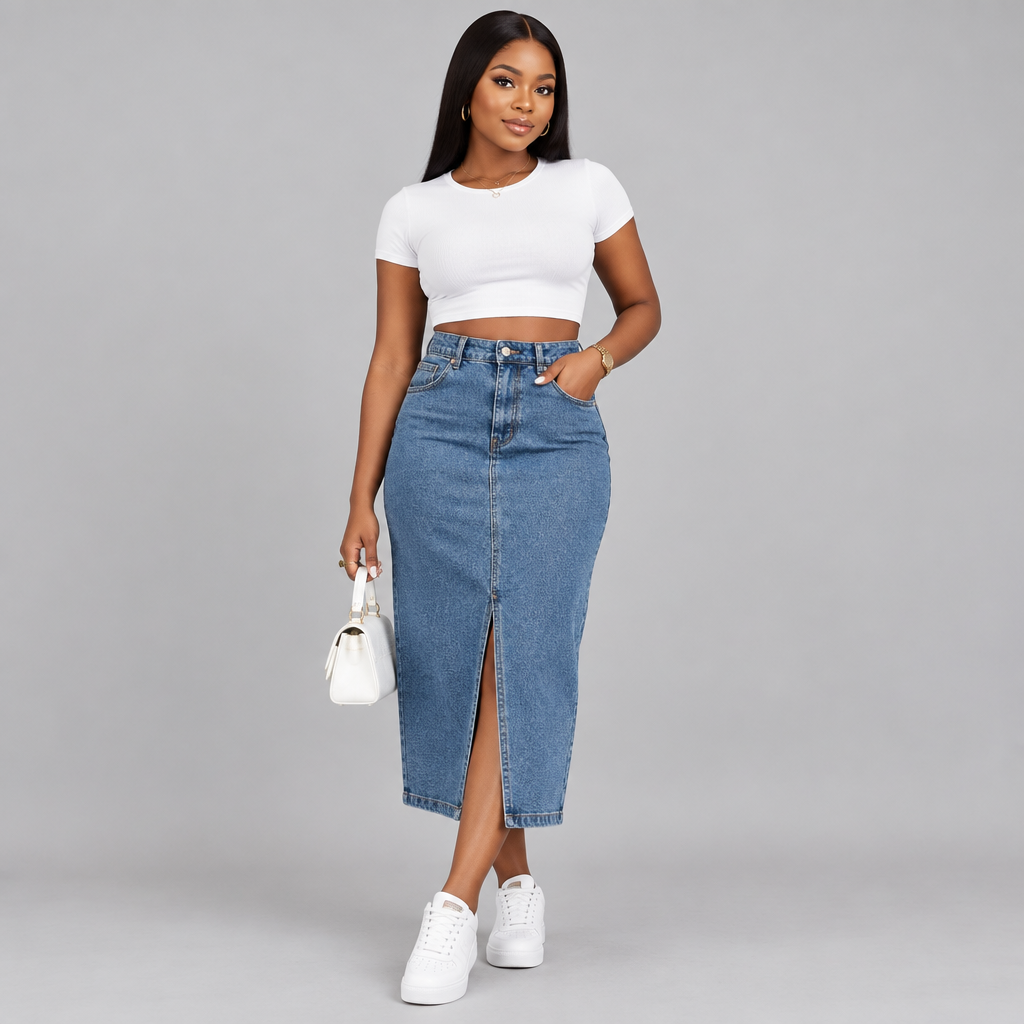 Blue Denim High-Waist Midi Skirt with Front Slit – Model Shot