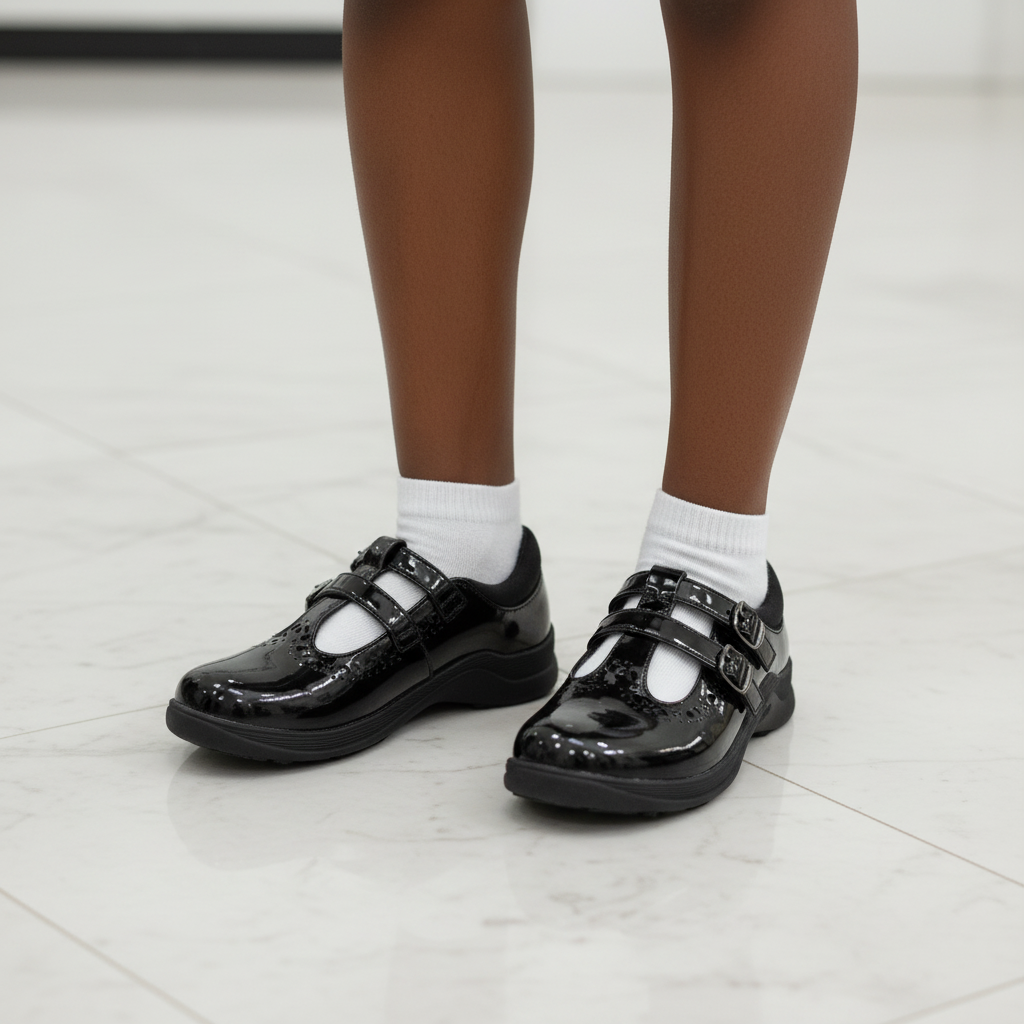 Layinka Teens Patent Double-Strap School Shoe – Model Shot
