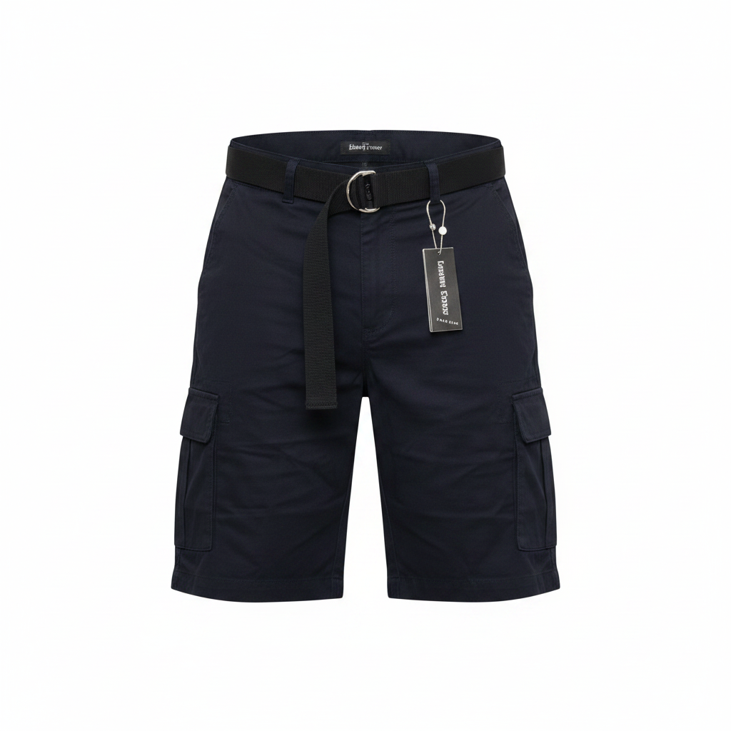 Unisex navy blue multi-pocket D-ring belt cargo shorts ghost mannequin front view
