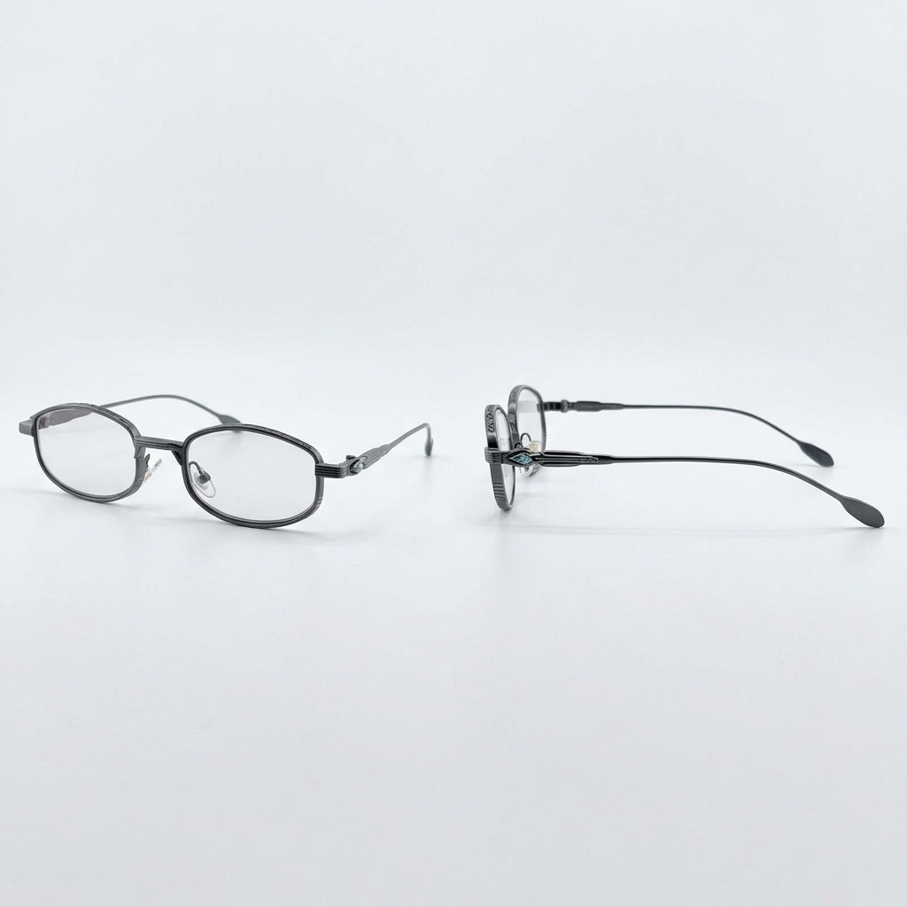 Silver-tone rounded rectangular clear-lens eyeglasses with decorative temple details, front and side views