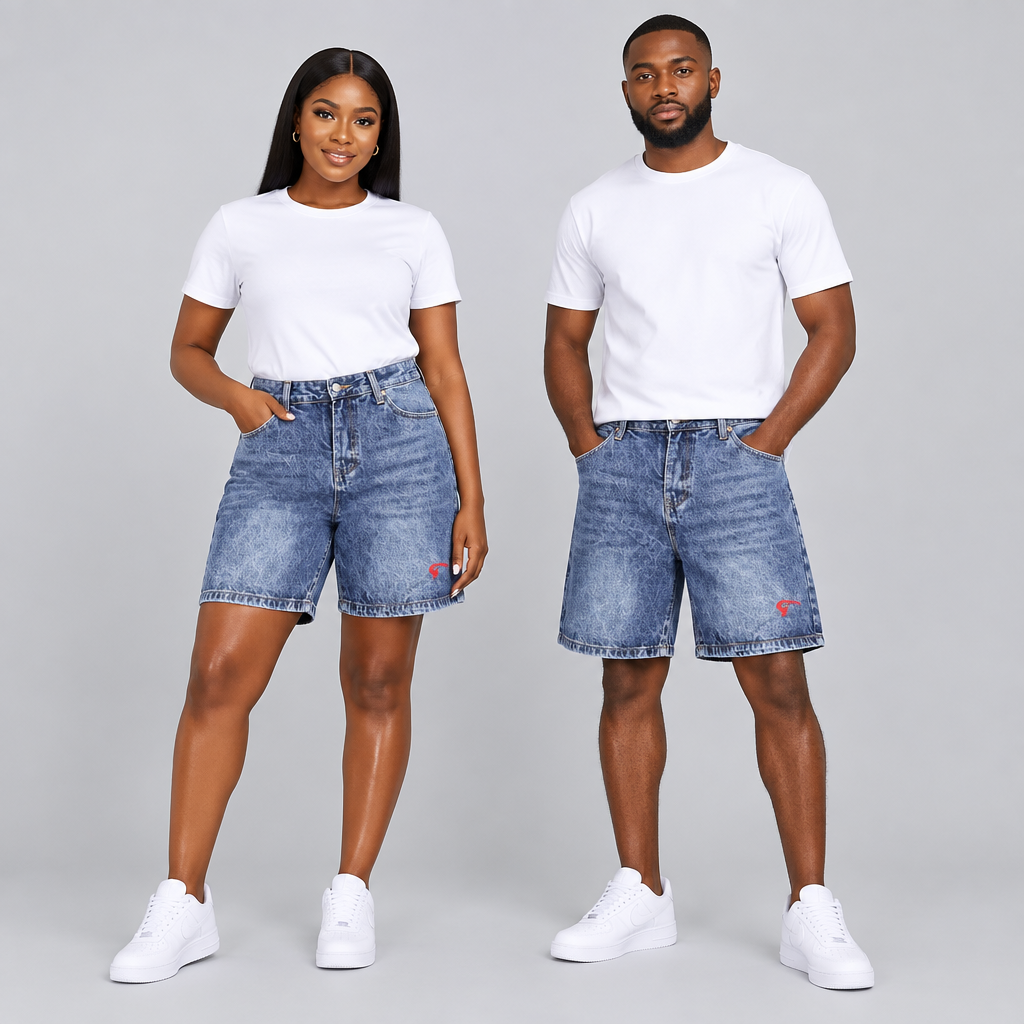 Woman and man wearing washed blue denim shorts with pink accent together