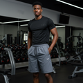 Men's Steel Grey Sports Shorts – Nigerian Male Model Gym Setting