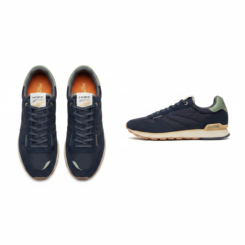 Men's navy blue suede retro runner with sage green heel and gum sole ghost mannequin front and side view pair
