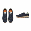 Men's navy blue suede retro runner with sage green heel and gum sole ghost mannequin front and side view pair