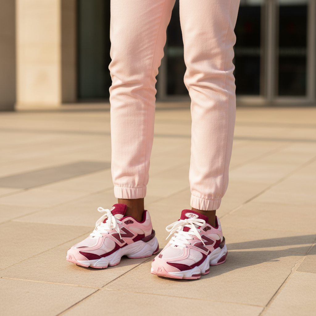 Nigerian female model wearing pink and burgundy chunky dad sneakers, tight zoomed-in youthful-luxury leg focus lifestyle shot