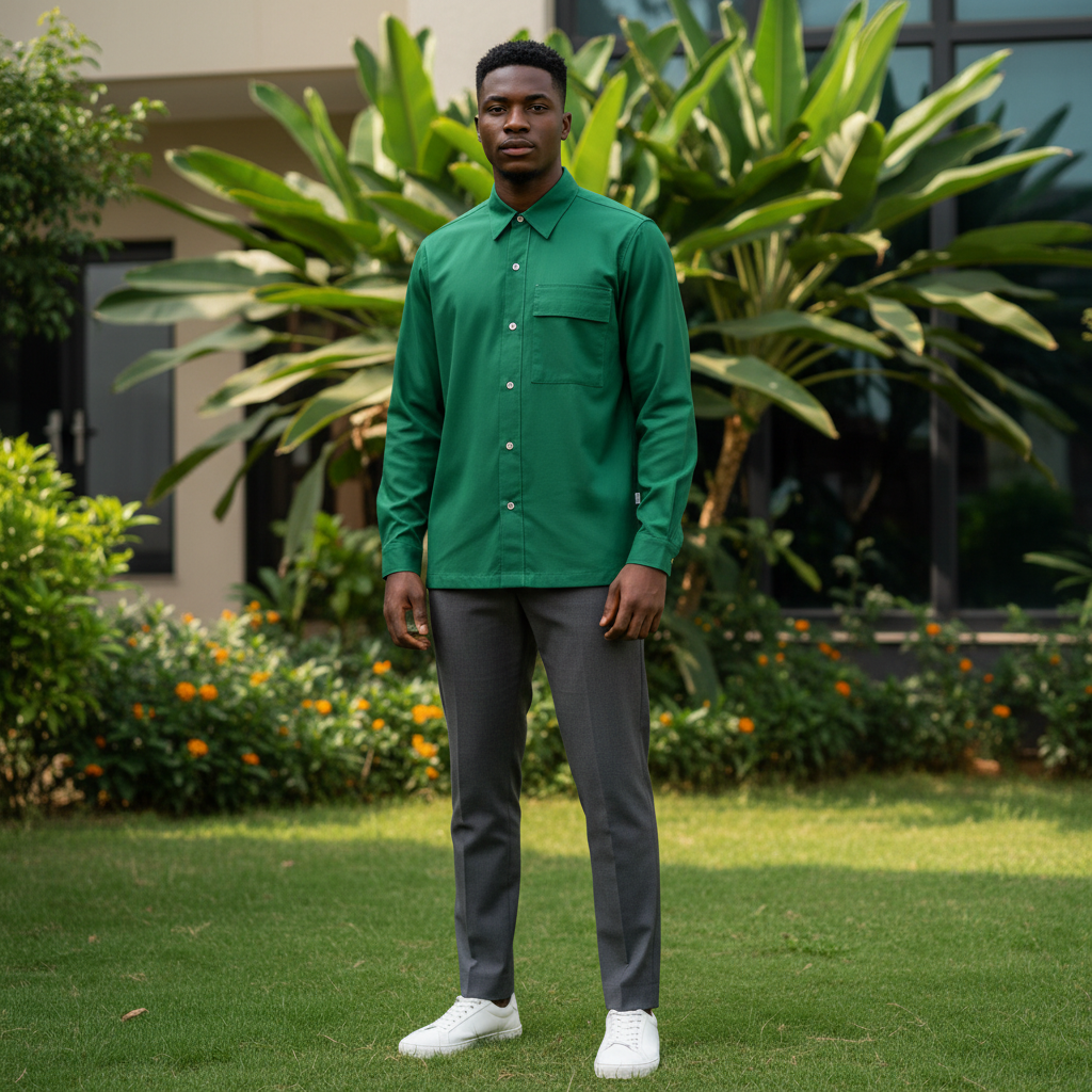Young Nigerian male wearing rich forest green plain long sleeve button-down shirt