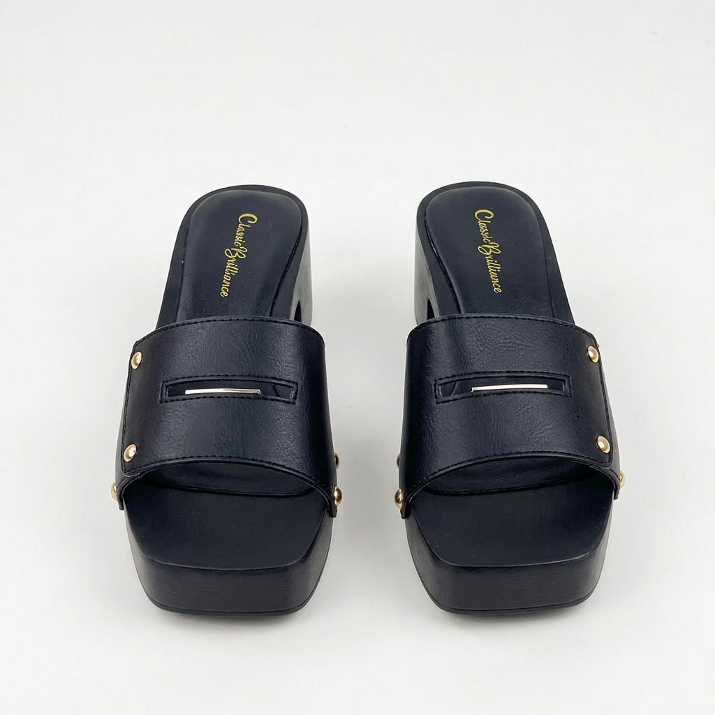 Black square-toe stud-detail platform heeled slide pair