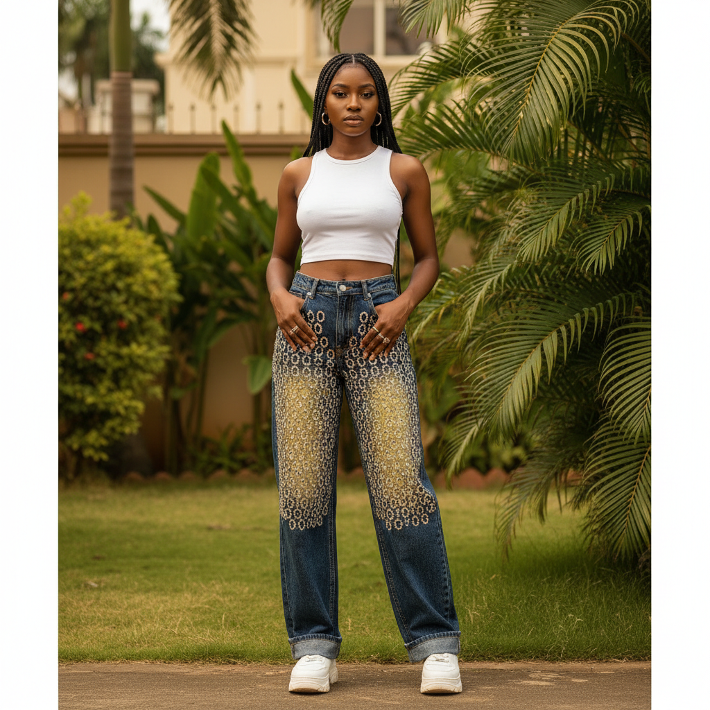 Women's rhinestone oval print wide-leg vintage jeans – female model front view