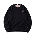 Black crew-neck sweatshirt with small white chest graphic and ribbed trims