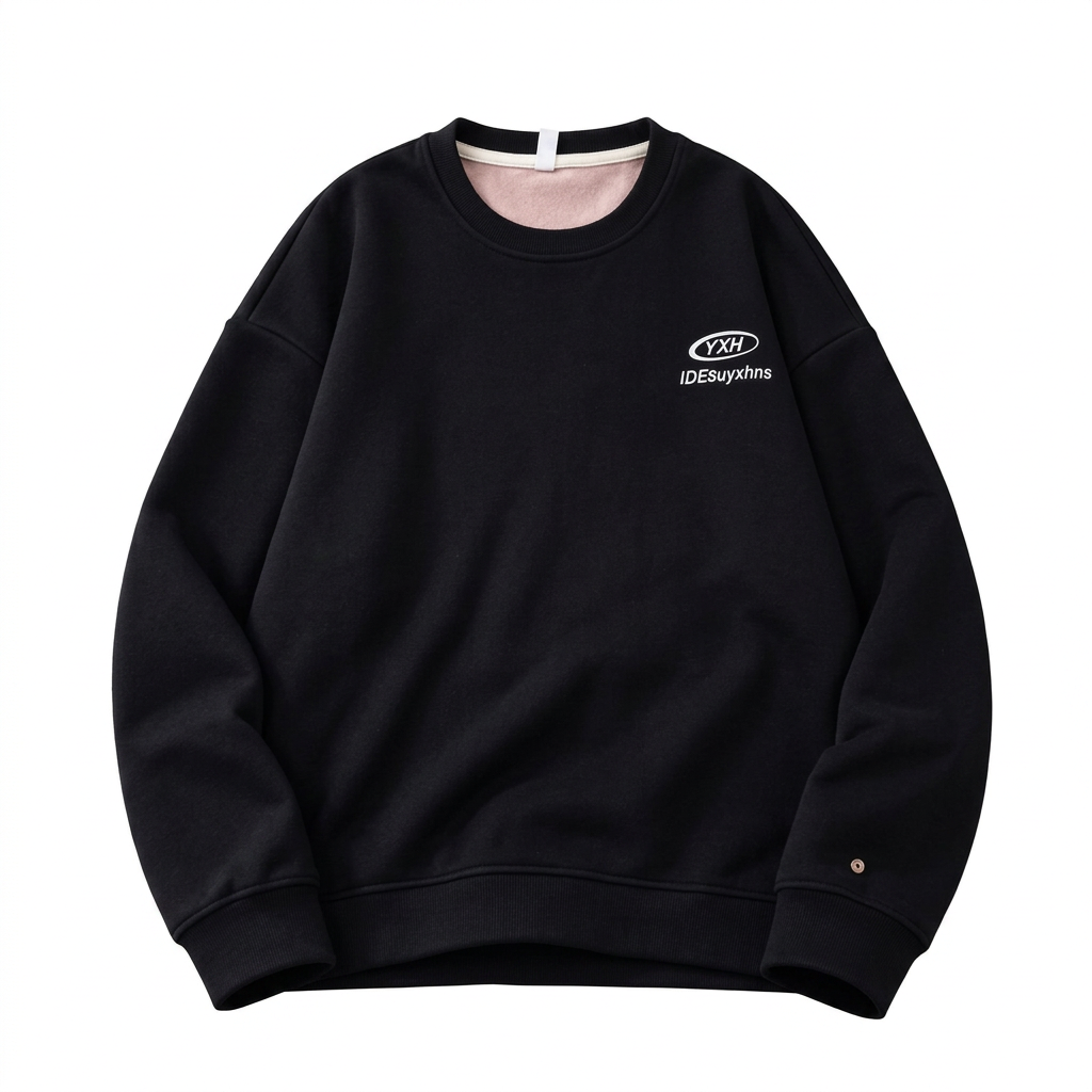 Black crew-neck sweatshirt with small white chest graphic and ribbed trims