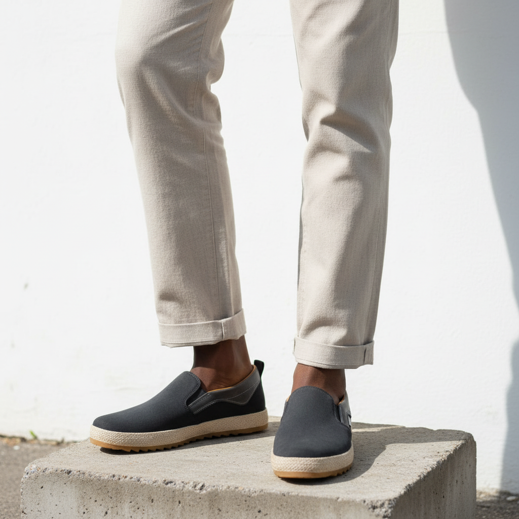 Leg-focused shot of charcoal canvas slip-on loafers worn on both feet, Gen Z street style