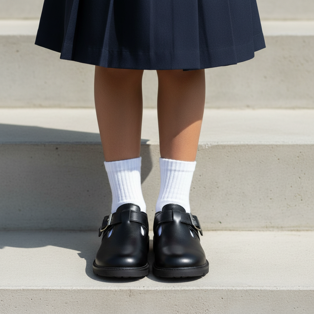 Leg focus shot of black matte school shoes with silver buckle worn with white socks and navy skirt
