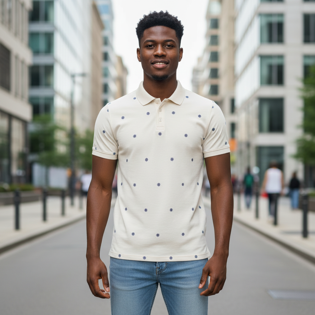 Young Nigerian male model wearing cream nautical print polo shirt