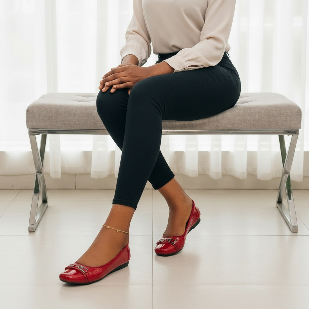 Close-up of Nigerian female legs wearing red croc-embossed patent ballet flats with double-bar buckle detail