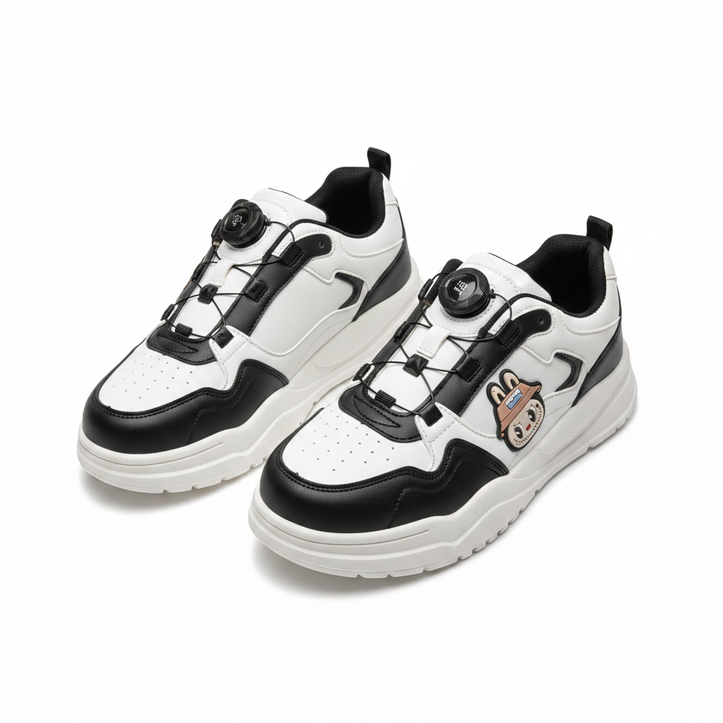 Women's white and black chunky cartoon sneakers ghost mannequin view