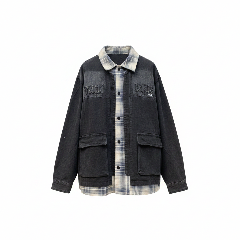Washed black denim jacket ghost mannequin — layered plaid flannel collar, appliqué chest lettering, cargo pockets