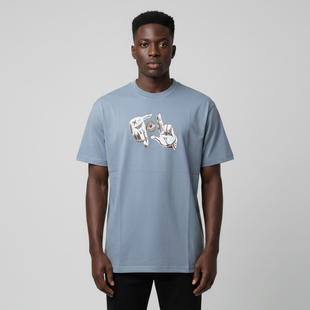 Black Nigerian male model wearing a blue hand graphic T-shirt