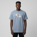 Black Nigerian male model wearing a blue hand graphic T-shirt