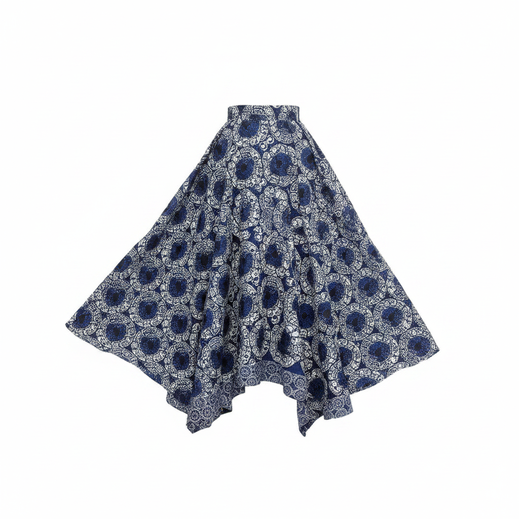 Navy and white printed flared midi skirt, ghost mannequin