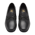 Front view of a pair of smooth black loafers with dark metal vamp details