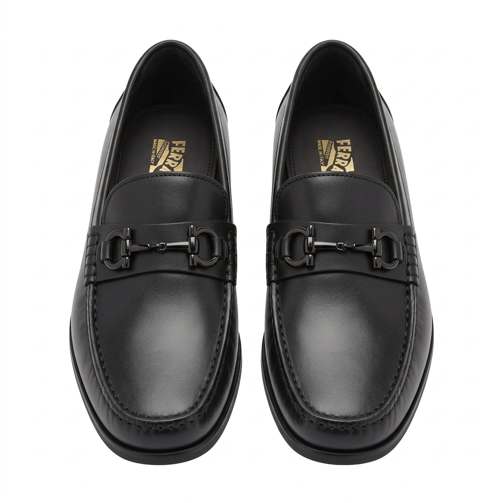 Front view of a pair of smooth black loafers with dark metal vamp details