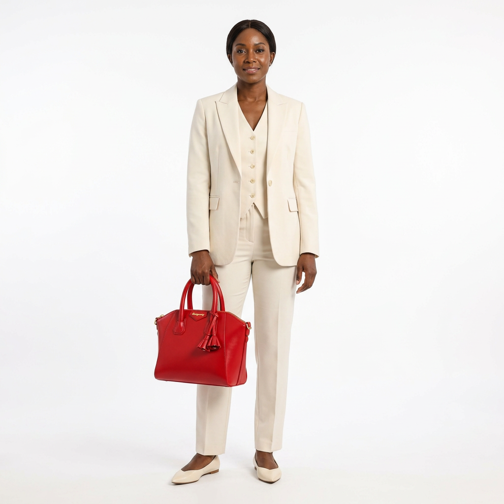 Woman in cream tailoring carrying one red twin-handle handbag