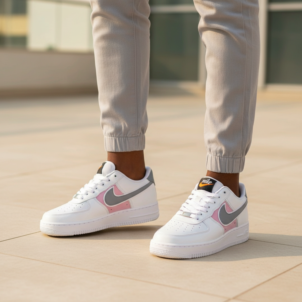 Nigerian female model wearing Nike Air Force 1 Low white grey pink swoosh sneakers, tight zoomed-in youthful-luxury leg focus lifestyle shot
