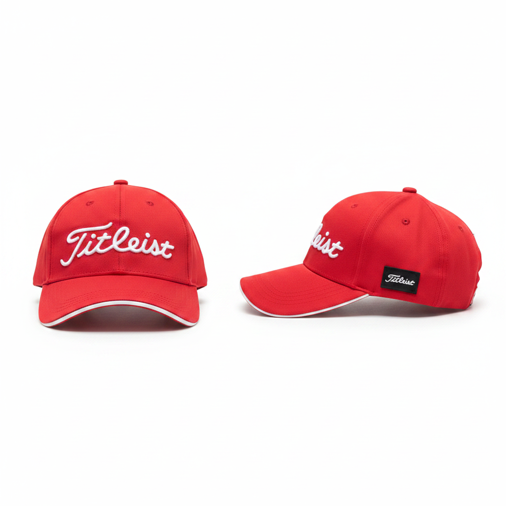 Red baseball cap with white script embroidery and white brim trim ghost mannequin front and side view