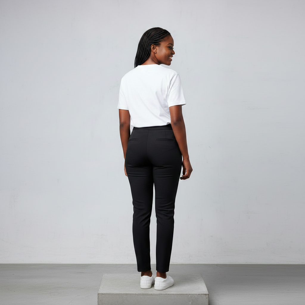 Nigerian female model back view wearing plain white T-shirt with black trousers - consistent model