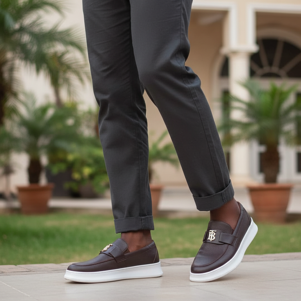 Nigerian male model wearing dark brown leather slip-on loafer sneakers with gold monogram, Gen Z street style leg shot