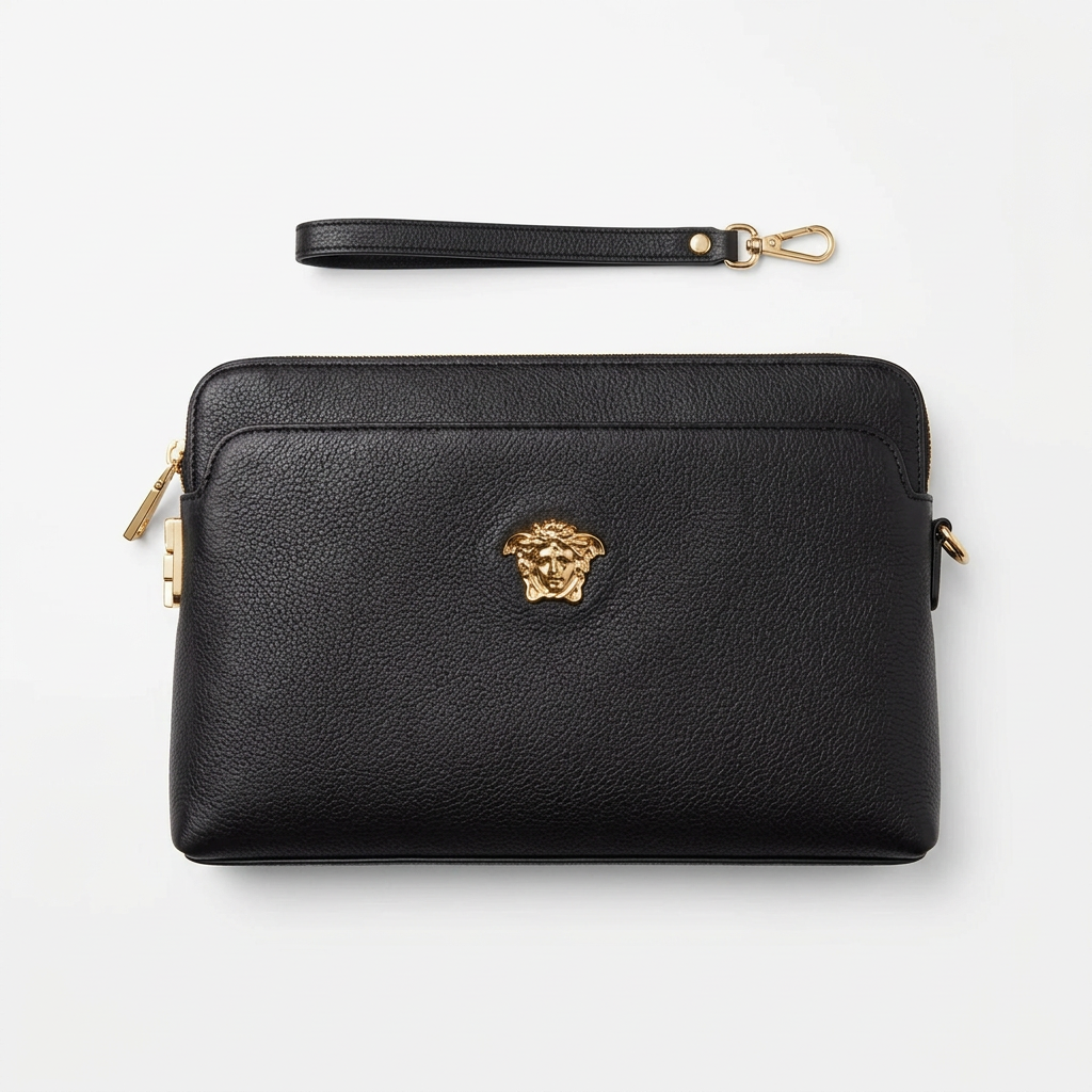 Individual smooth black pouch with inset panel and small gold-tone emblem