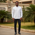 Nigerian male model wearing White Mandarin Collar Shirt front view
