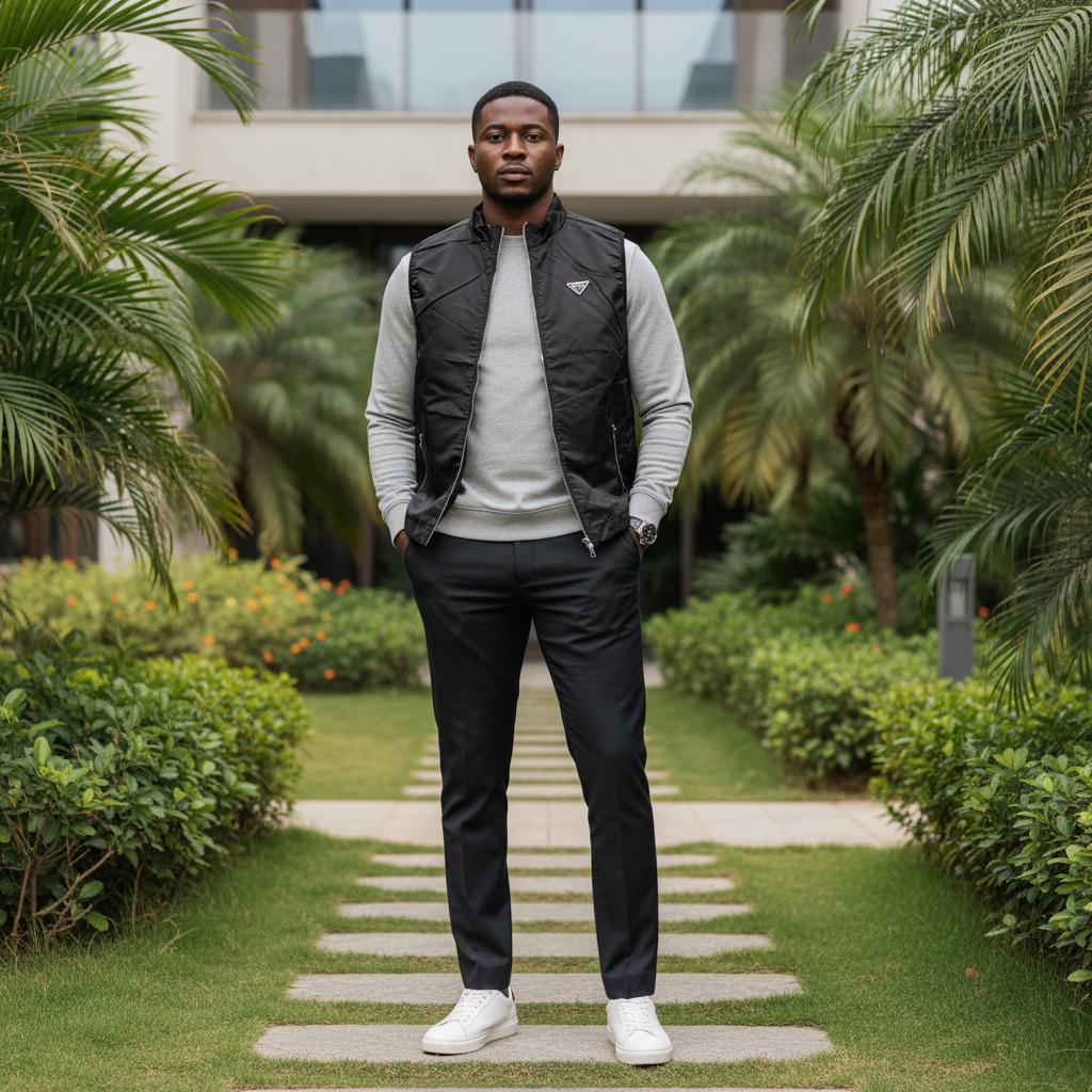 Nigerian male model wearing black sleeveless zip-up gilet vest