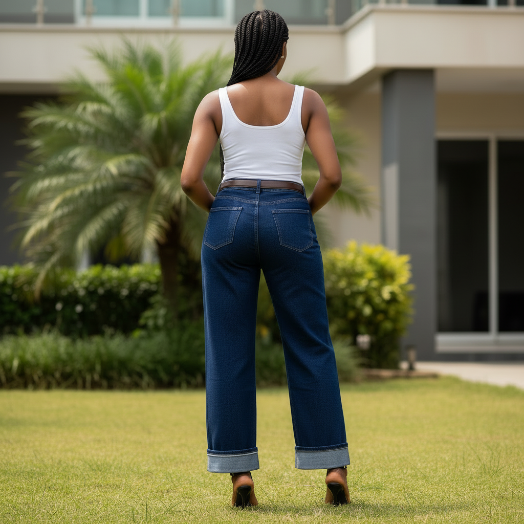 Navy Wide-Leg Cuffed Jeans - Nigerian Female Model Back View