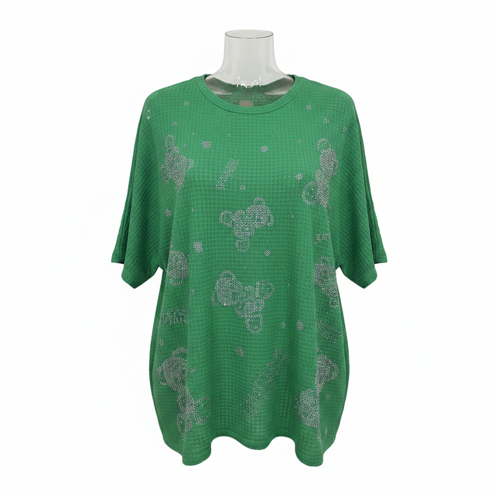 Ghost mannequin front view - green rhinestone floral cluster top