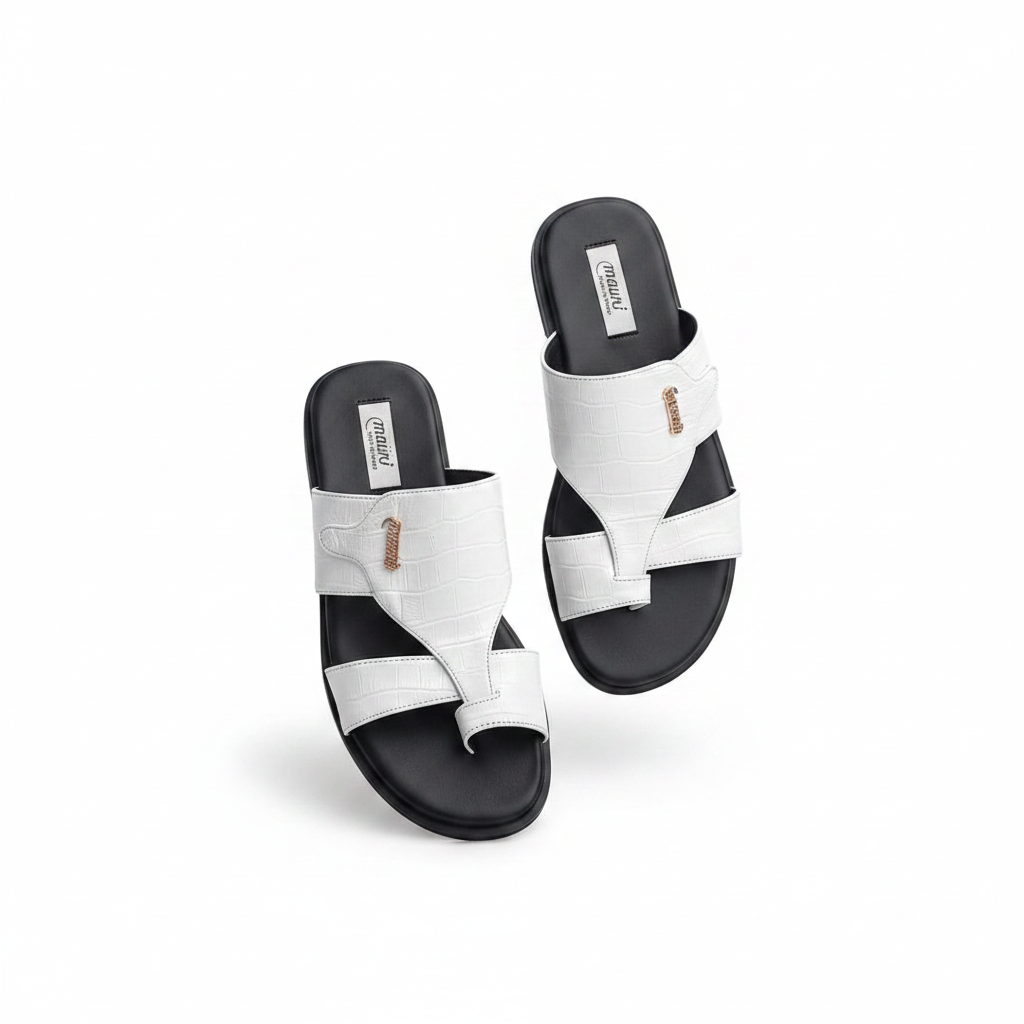 Men's all-white croc-embossed leather thong slide sandals ghost mannequin pair view
