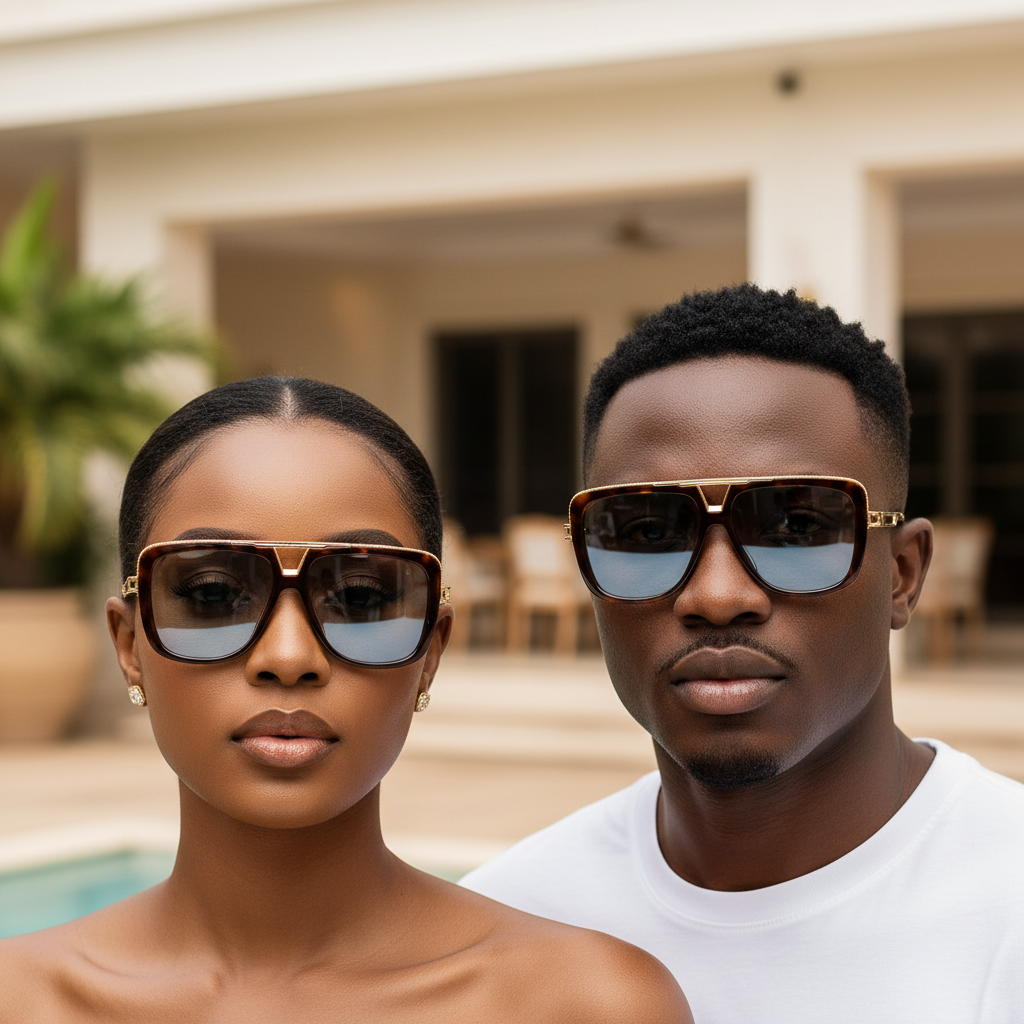 Nigerian female and male models wearing tortoiseshell square sunglasses – editorial medium shot with headroom