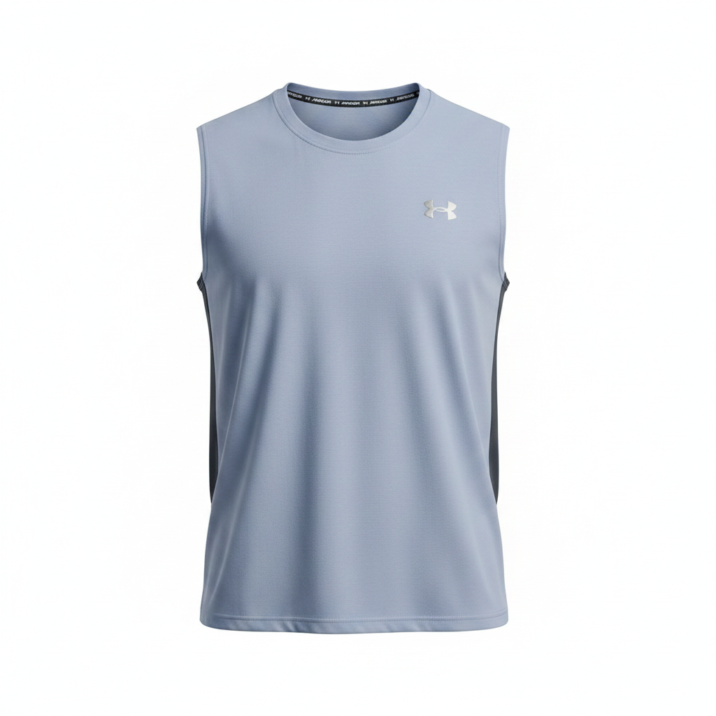 Under Armour ice blue sleeveless sport vest with charcoal side panels ghost mannequin view