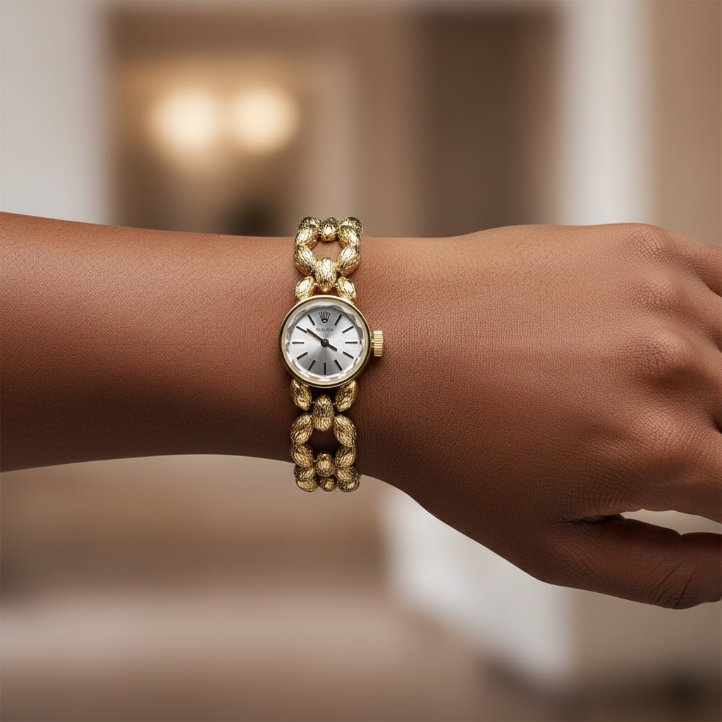 Women's gold chunky chain bracelet silver sunray dial watch worn on Nigerian model wrist — lifestyle wrist shot