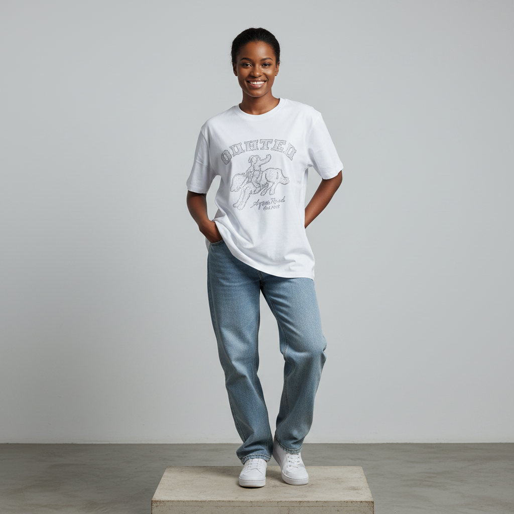Nigerian female model front view wearing white rhinestone collegiate skeleton tee