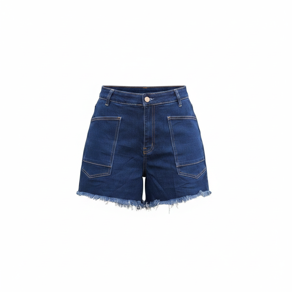 Dark Blue High-Waist Frayed Denim Shorts – Front Ghost Mannequin