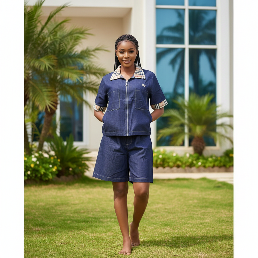 Nigerian female model wearing navy denim short-sleeve zip-up jacket and matching shorts co-ord set