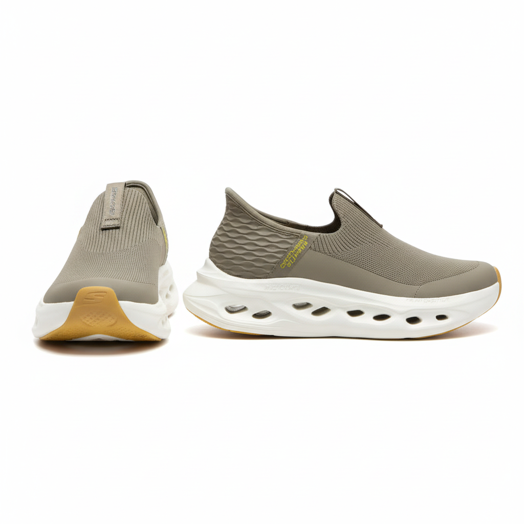 Men's olive khaki slip-on sneakers ghost mannequin front and side view